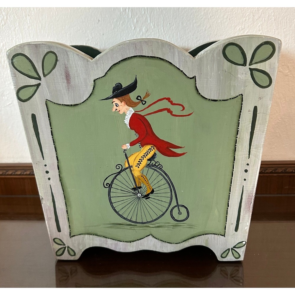 Vtg 1988 E Swank Hand Painted Wooden Penny Farthing Bicycle Magazine Rack Bin